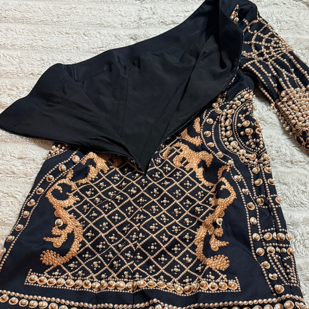 Black Gold Pearl Embellished One Shoulder Mini Dress | Statement - Picture 3 of 8